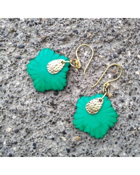 Alphabey's Green dyed bone carving Gold Plated Brass Earrings For Women